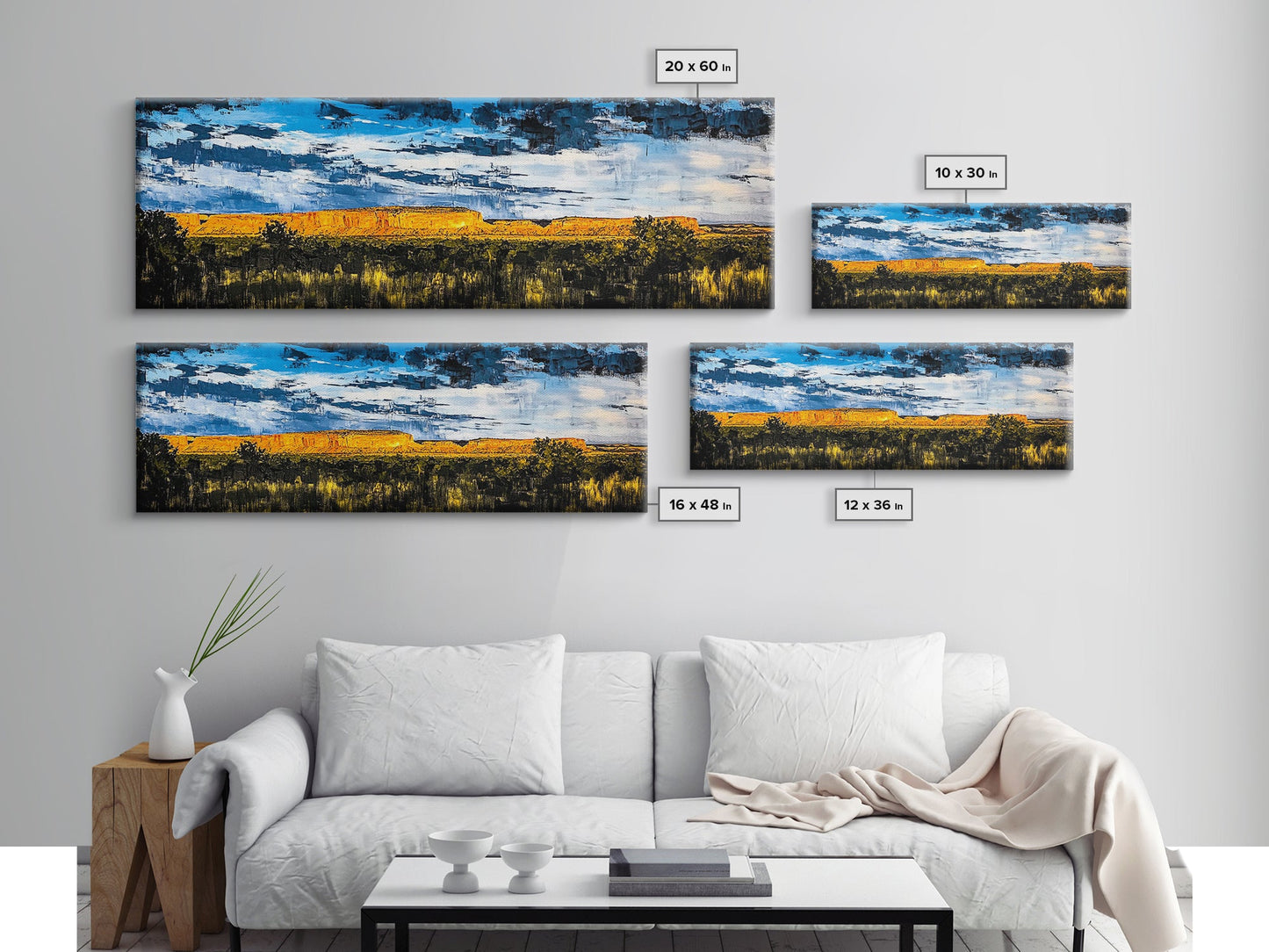 Southwest desert, landscape painting, long narrow wall art, extra wide art, panoramic painting, framed canvas print, rustic decor