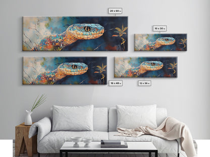 Vibrant Snake Painting, reptile wall art, wildlife decor, moody art, sacred geometry wall art, framed canvas print, extra wide art