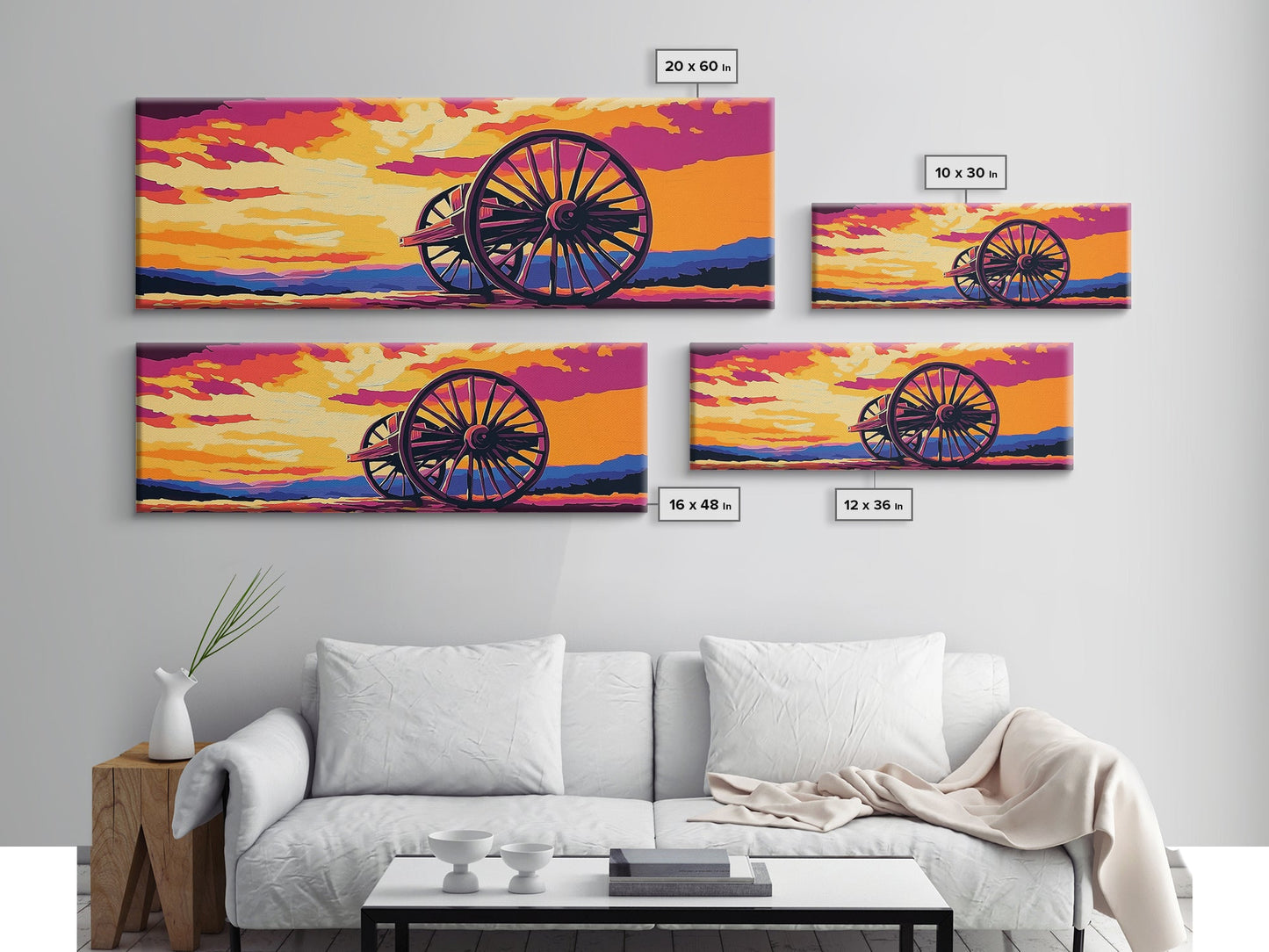 Sonnenuntergangs-Wagenrad, pink-orangefarbene Wandkunst, Kunst in kräftigen Farben, Boho-Kunst, Panoramagemälde, extrabreites Kunstwerk, gerahmter Leinwanddruck, Landschaftsmalerei