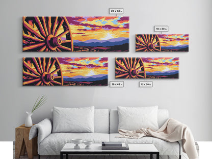 Lebendiger Sonnenuntergang mit Wagen, abstrakte Kunst in Rosa, Mohnblumen-Wandkunst, Boho-Kunst, Panoramagemälde, extra breites Kunstwerk, gerahmter Leinwanddruck, Vintage-Wandkunst