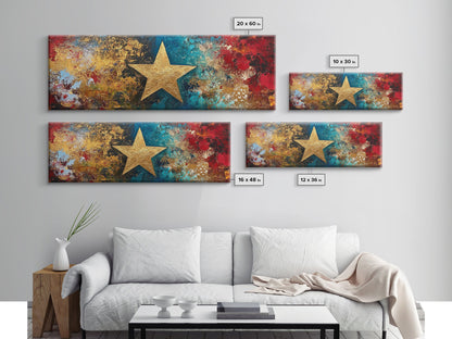 Goldener Stern, abstrakte Kunst, kräftige Farben, strukturierte Wandkunst, gerahmter Leinwanddruck, Mosaik-Wandkunst, extra breite Kunst, Kunst über dem Sofa