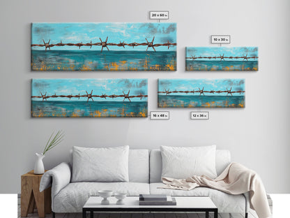 Barbed Wire Ocean, coastal decor, rustic art, farmhouse painting, minimalist painting, extra wide art, framed canvas print, moody art