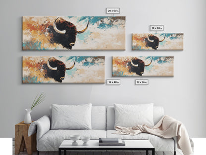 Black and White Buffalo, western wall art, rustic decor, extra wide art, moody art, minimalist painting, framed canvas print, farmhouse art