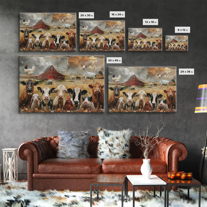 Kitsch Farmhouse Wall Art, Cute Farm Animals On A Fence, Cow Art, Pig Print, Red Barn Wall Art, Wood Framed Art