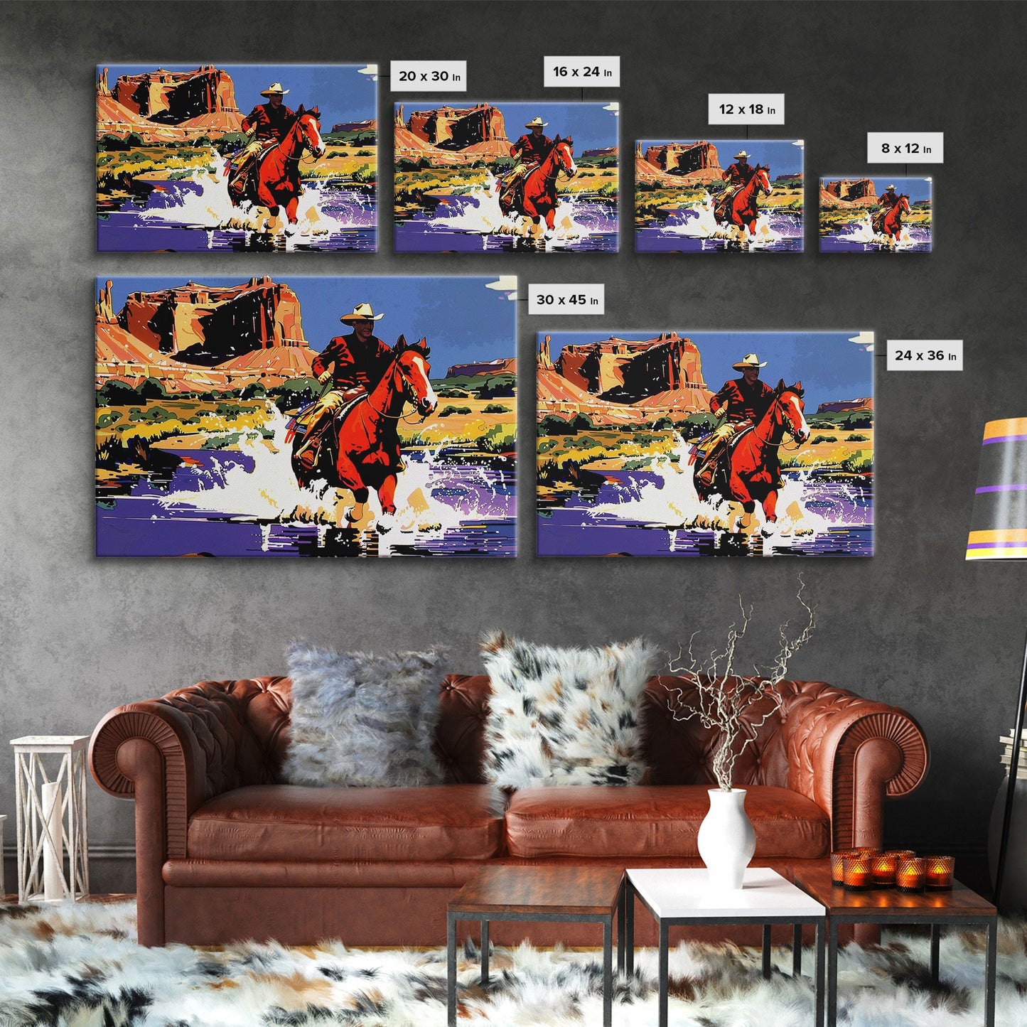 Crossing The Colorado River, Framed Canvas Print, Kitsch Western Wall Art, Colorful Western Painting Original Artwork, Pop Art Painting