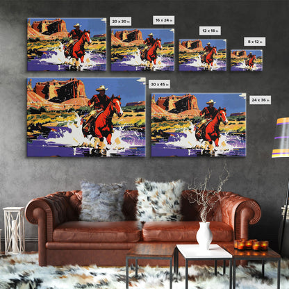 Crossing The Colorado River, Framed Canvas Print, Kitsch Western Wall Art, Colorful Western Painting Original Artwork, Pop Art Painting