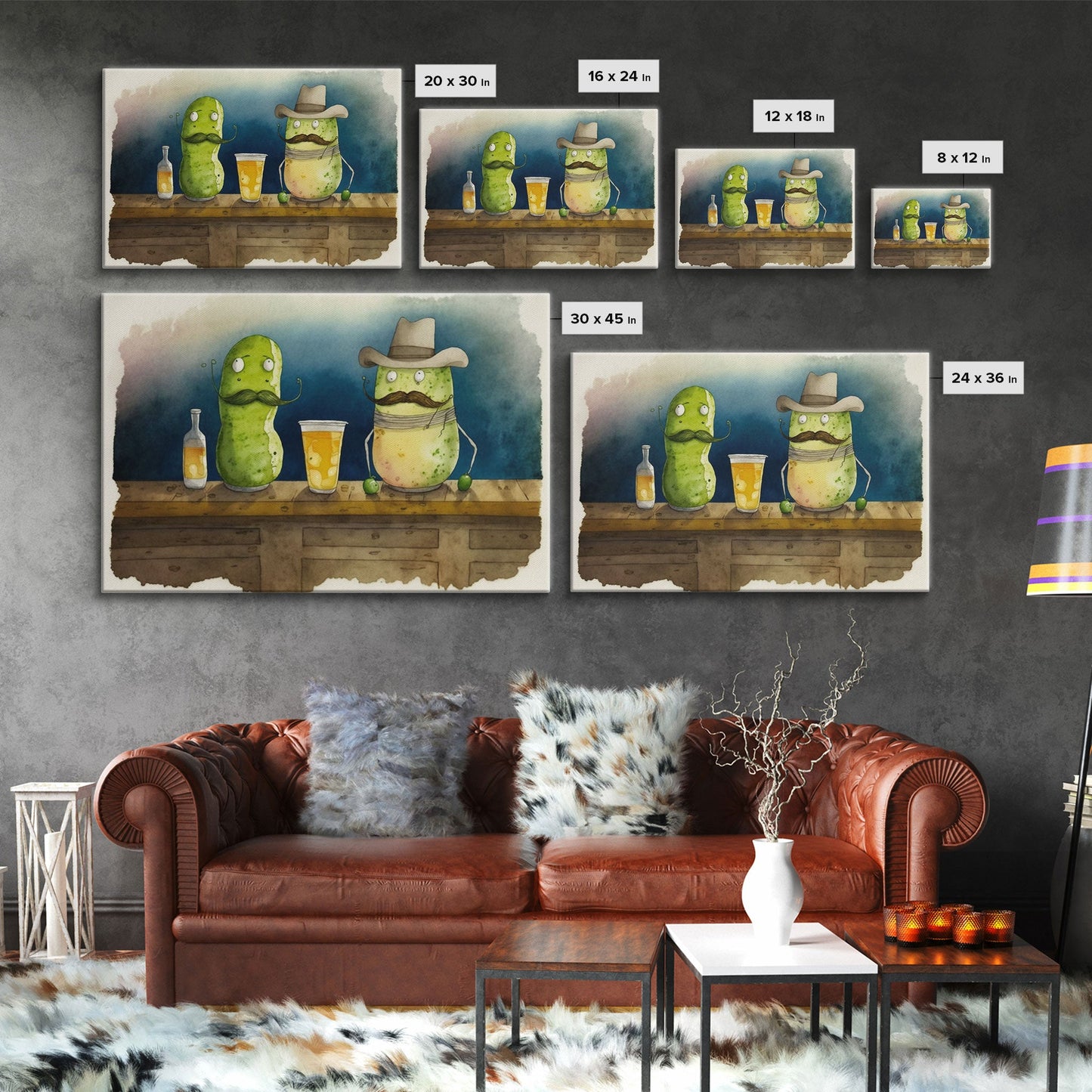 Funny Pickles In A Bar, Watercolor Painting Print, Framed Wall Art, Funny Decor, Kitsch Art, Framed Canvas Pickle Art