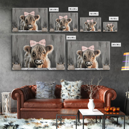 Framed Wall Art Texas Cattle, Wood Framed Canvas Print, Farmhouse Decor, Minimalist Rustic Farmhouse Painting, Cute Nursery Wall Art