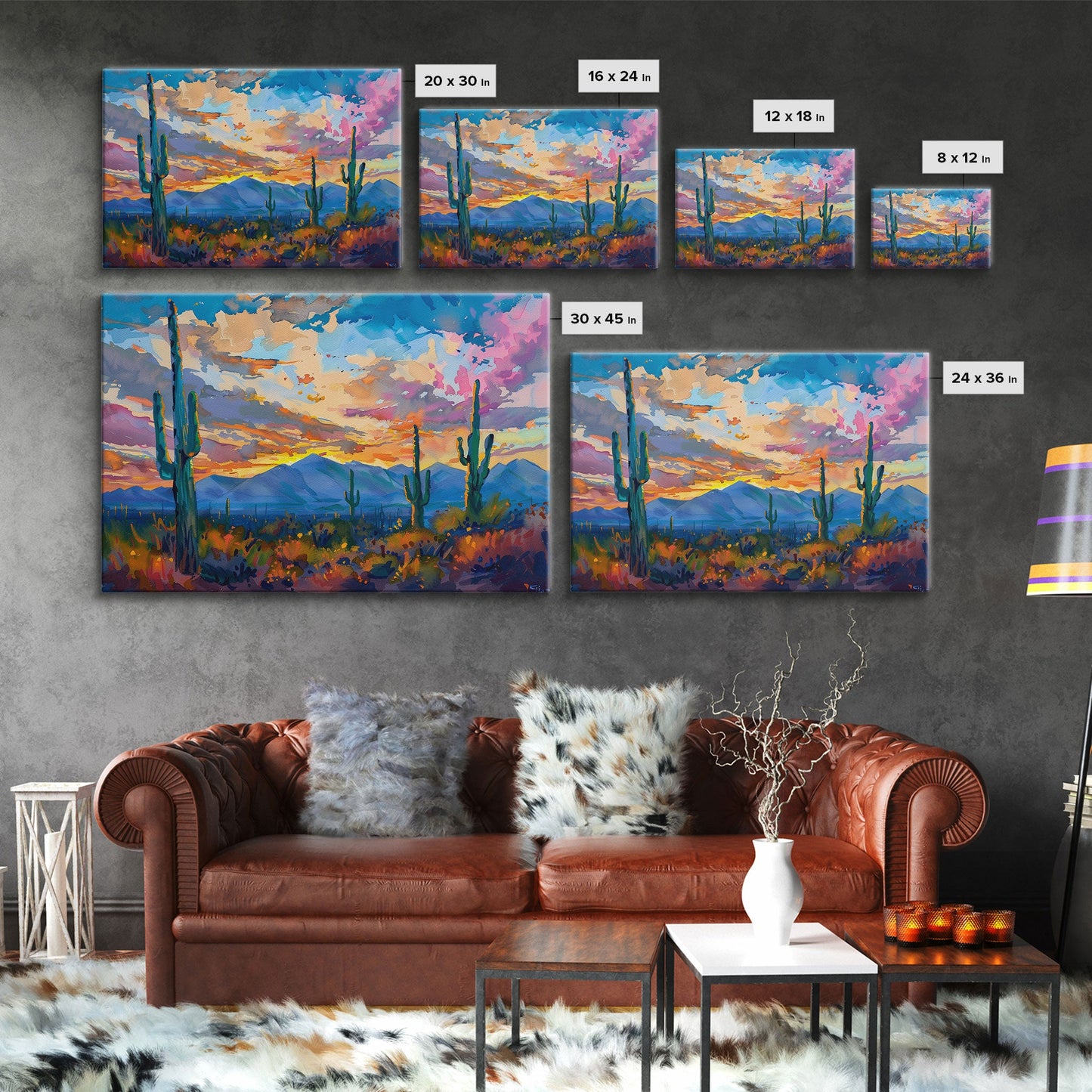 Cactus Under A Beautiful Sunset, Pop Art Style, Mid Century Modern Framed Canvas Print or Metal Art, Desert Scene Wall Art, Abstract Desert