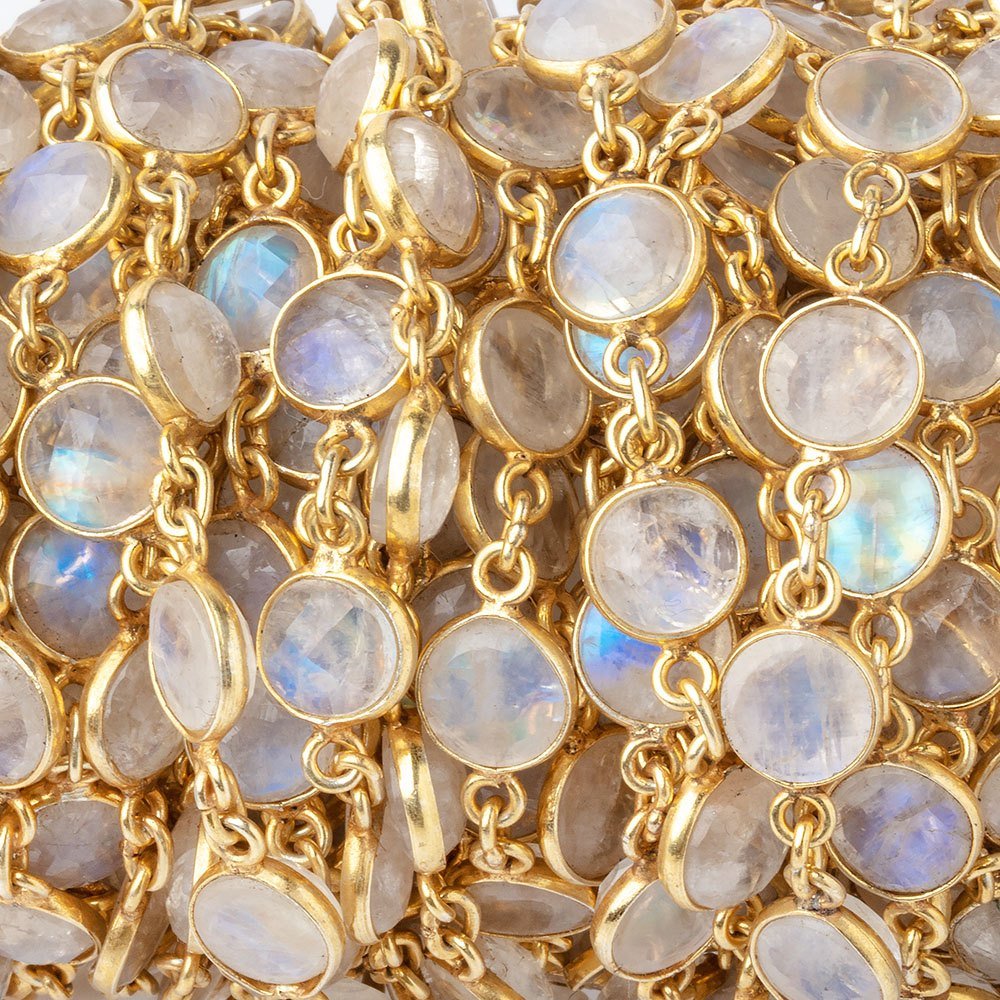 7.5-8mm Rainbow Moonstone Faceted Coin Cabochon Vermeil Bezeled Chain