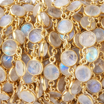 7.5-8mm Rainbow Moonstone Faceted Coin Cabochon Vermeil Bezeled Chain