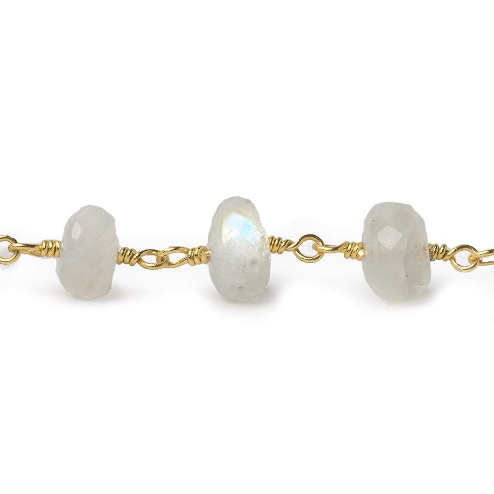 7.5-8mm Rainbow Moonstone faceted rondelle Gold Chain by the foot 28 pieces