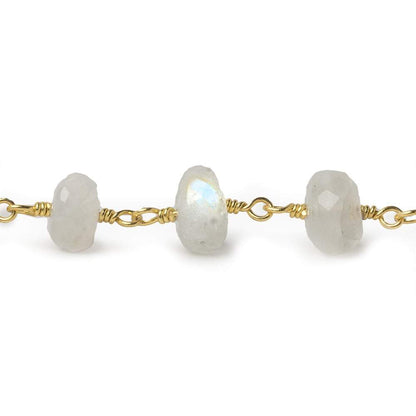 7.5-8mm Rainbow Moonstone faceted rondelle Gold Chain by the foot 28 pieces