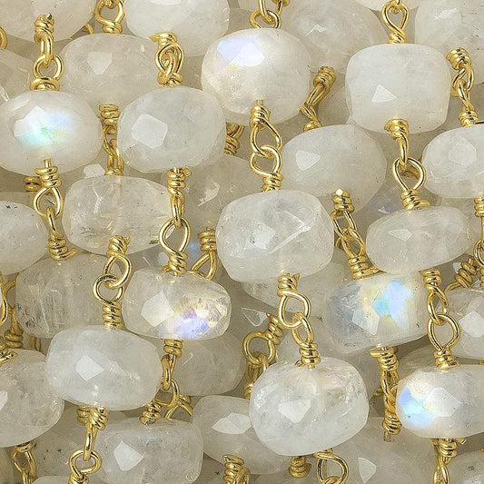 7.5-8mm Rainbow Moonstone faceted rondelle Gold Chain by the foot 28 pieces