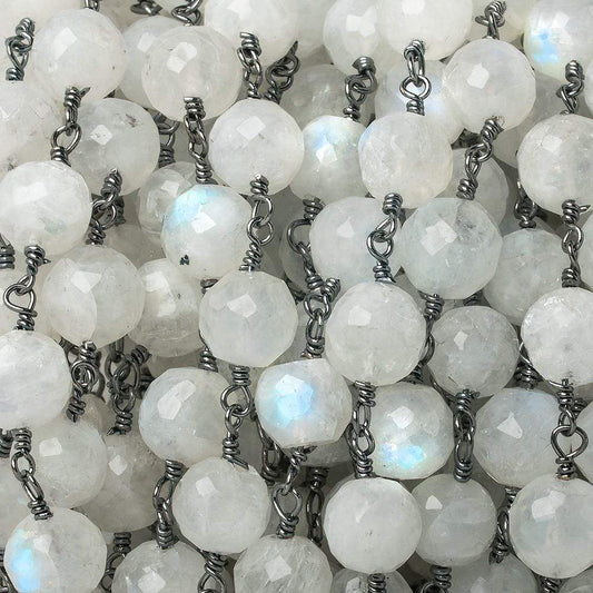 7.5-8mm Rainbow Moonstone faceted round Black Gold Chain by the foot 22 pieces