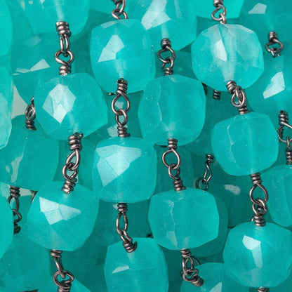 7.5-8mm Turquoise Chalcedony cube Black Gold plated Silver Chain by the foot