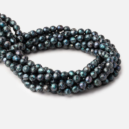7.5mm Dark Teal Faceted Round Freshwater Pearls 16 inch 51 pieces