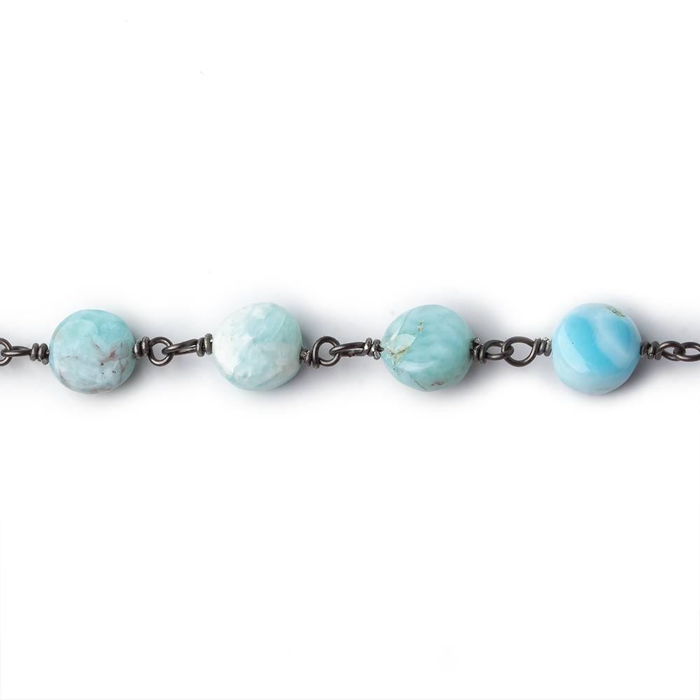 7.5mm Larimar plain coin Black Gold plated .925 Silver chain by the foot 23 pcs