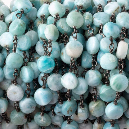 7.5mm Larimar plain coin Black Gold plated .925 Silver chain by the foot 23 pcs
