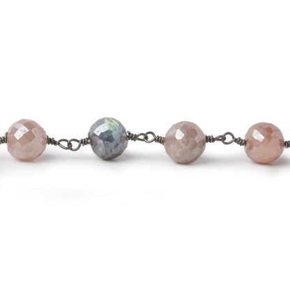 7.5mm Mystic Grey & Peach Moonstone faceted round Black Gold plated Chain by the foot 22 pcs