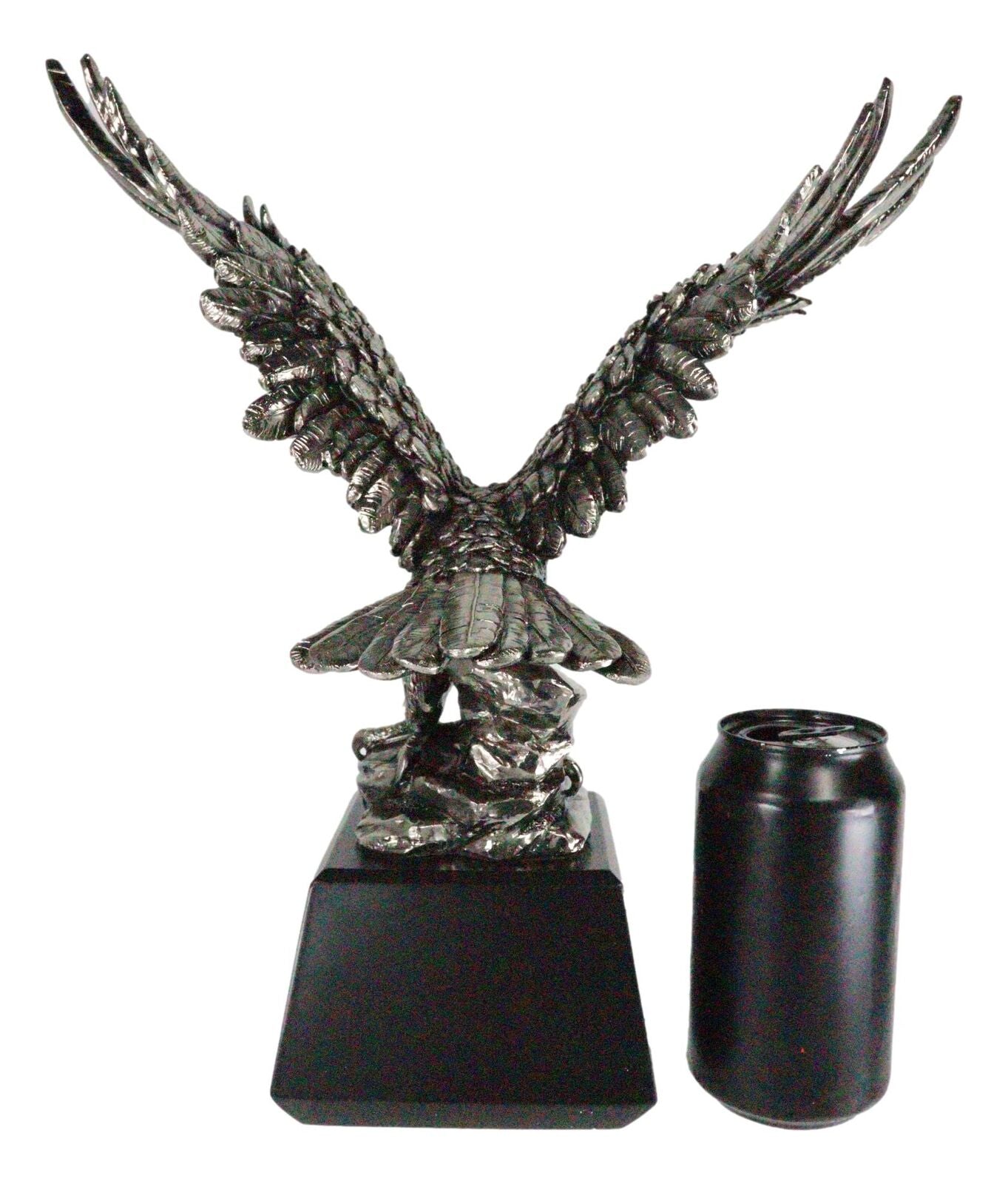 Electroplated Pewter Silver Bald Eagle with Open Wings Landing on Rock Statue