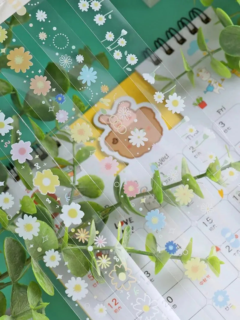 5 Rolls Transparent Decorative Tape PET Waterproof Self-Adhesive Flower Daisy Pattern Decorative Masking Sticker Clear Tape