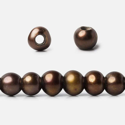 7mm - 8mm Pecan Brown Large Hole Off Round Pearl 2.5mm drill hole, 15 inch, 64 pieces