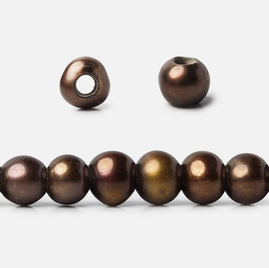 7mm - 8mm Pecan Brown Large Hole Off Round Pearl 2.5mm drill hole, 15 inch, 64 pieces