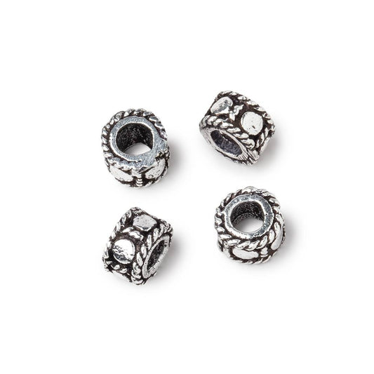 7mm Antiqued Silver Plated Copper Dotted Cylinder Tube Set of 4 Beads