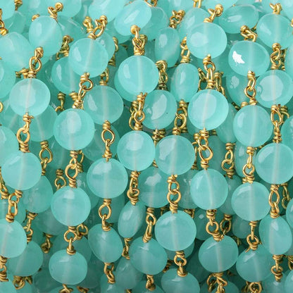 7mm Aqua Blue Chalcedony plain coin Vermeil Chain by the foot