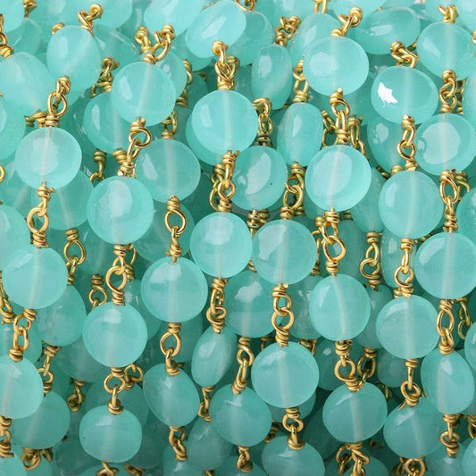 7mm Aqua Blue Chalcedony plain coin Vermeil Chain by the foot