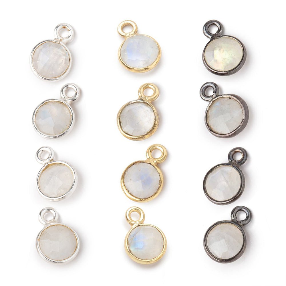 7mm Bezel Set Rainbow Moonstone Faceted Coin Set of 4 Pendants