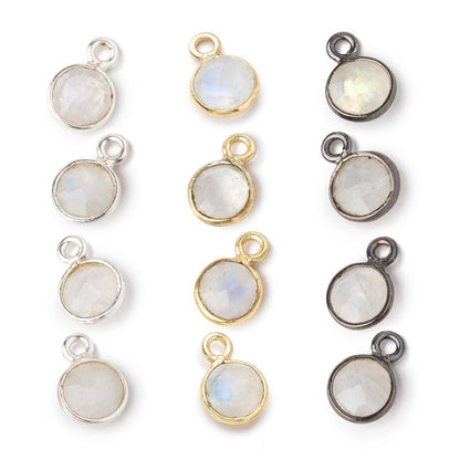 7mm Bezel Set Rainbow Moonstone Faceted Coin Set of 4 Pendants