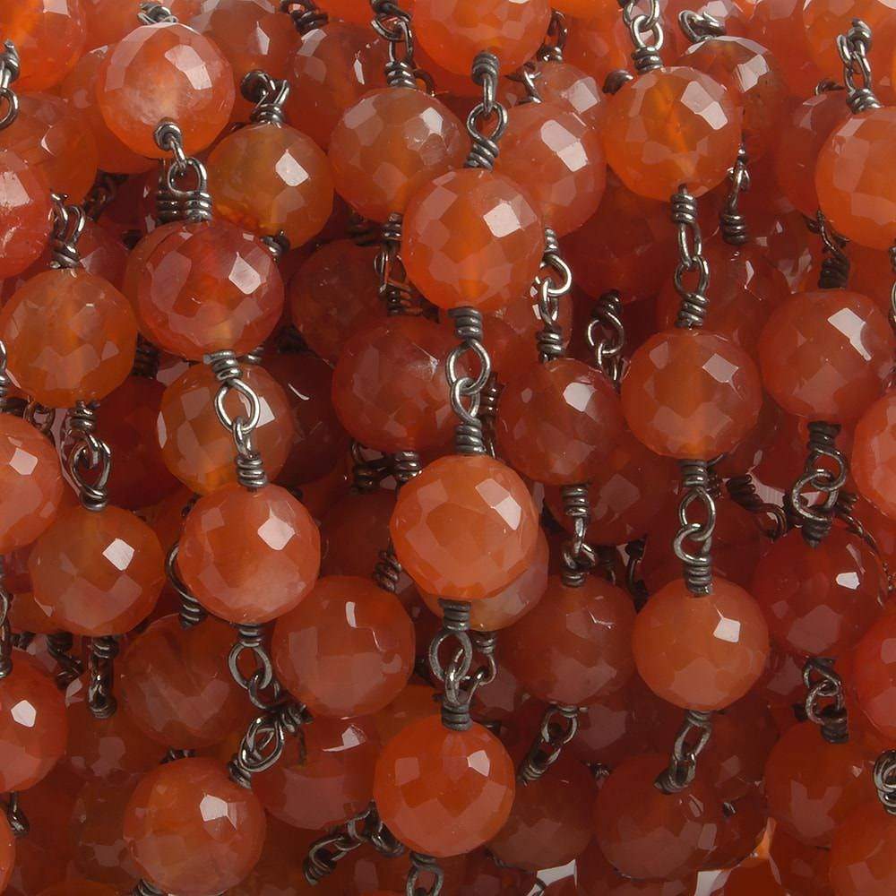 7mm Carnelian faceted round Black Gold .925 Silver Chain by the foot 24 pieces