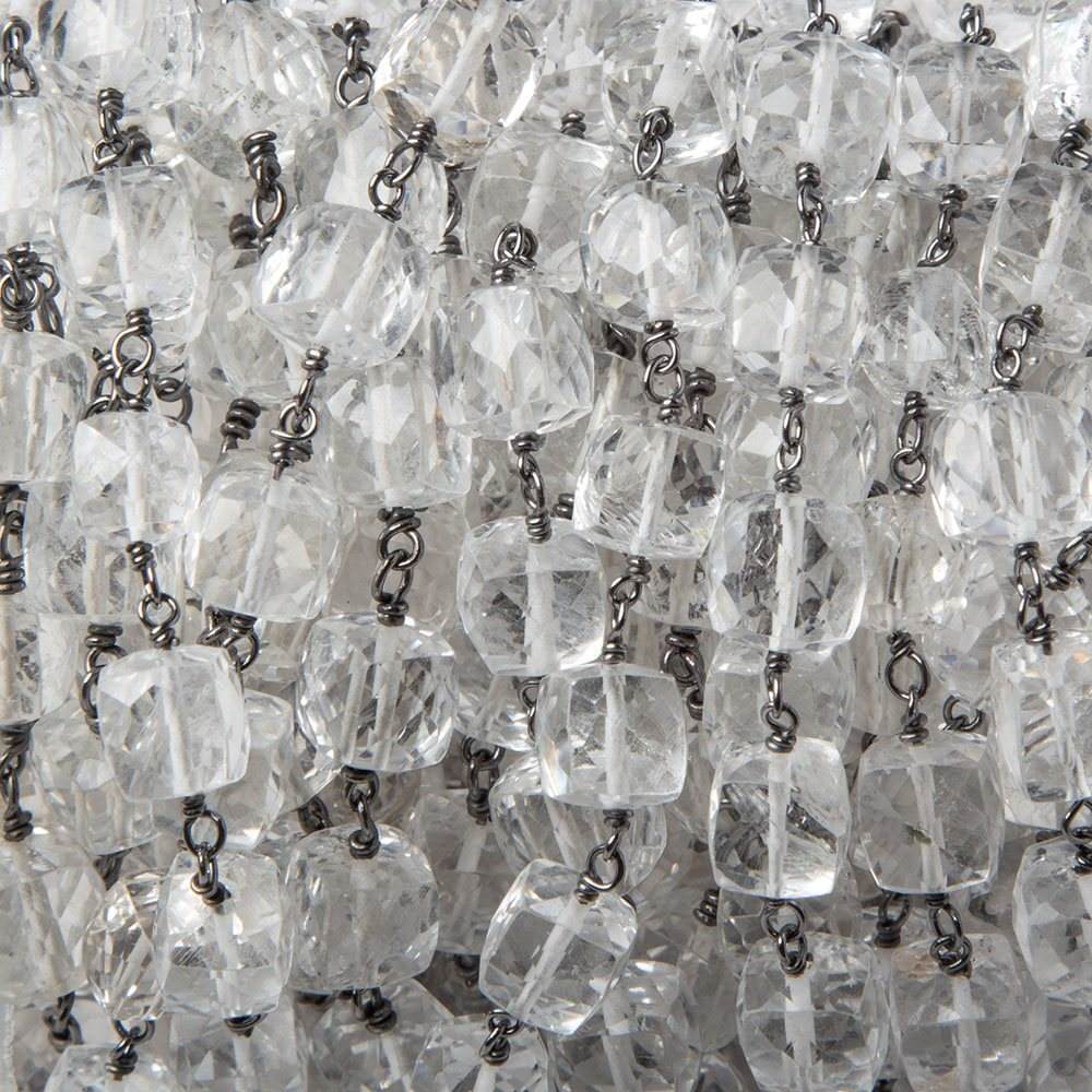 7mm Crystal Quartz faceted cube Oxidized Silver Chain by the foot 24 pcs