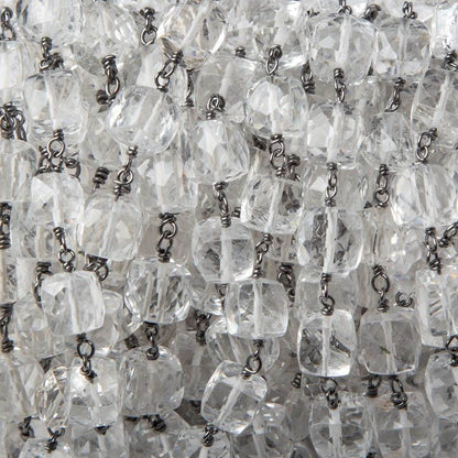 7mm Crystal Quartz faceted cube Oxidized Silver Chain by the foot 24 pcs