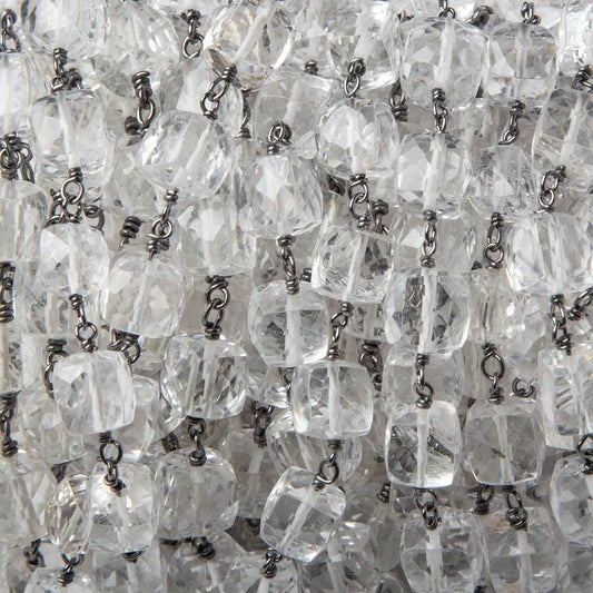 7mm Crystal Quartz faceted cube Oxidized Silver Chain by the foot 24 pcs
