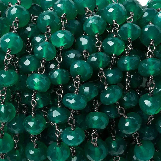 7mm Green Onyx faceted rondelle Black Gold Chain by the foot 25 pieces