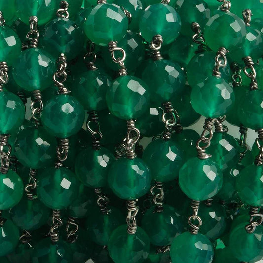 7mm Green Onyx faceted round Black Gold .925 Silver Chain by the foot 24 pieces