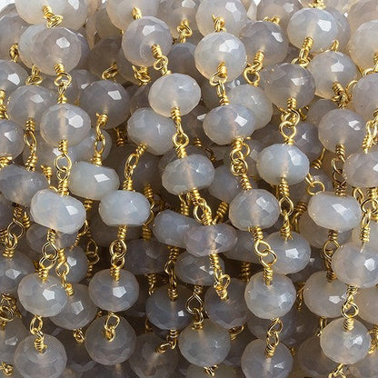 7mm Grey Chalcedony faceted rondelle Gold Chain by the foot 26 beads