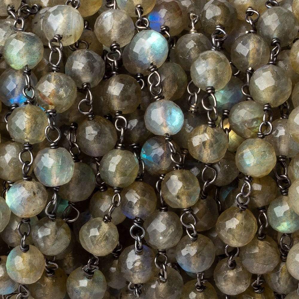 7mm Labradorite faceted round AAA Black Gold plated Silver Chain by the foot 23 beads per