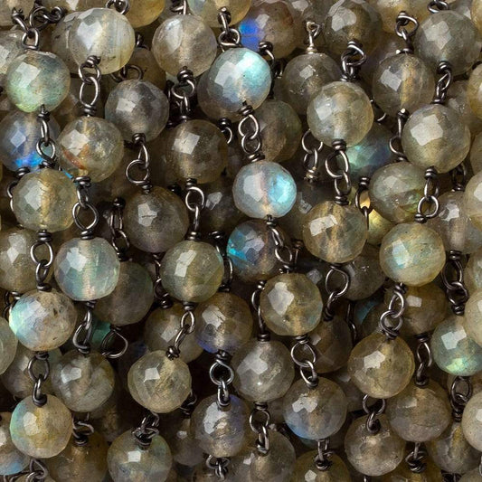 7mm Labradorite faceted round AAA Black Gold plated Silver Chain by the foot 23 beads per