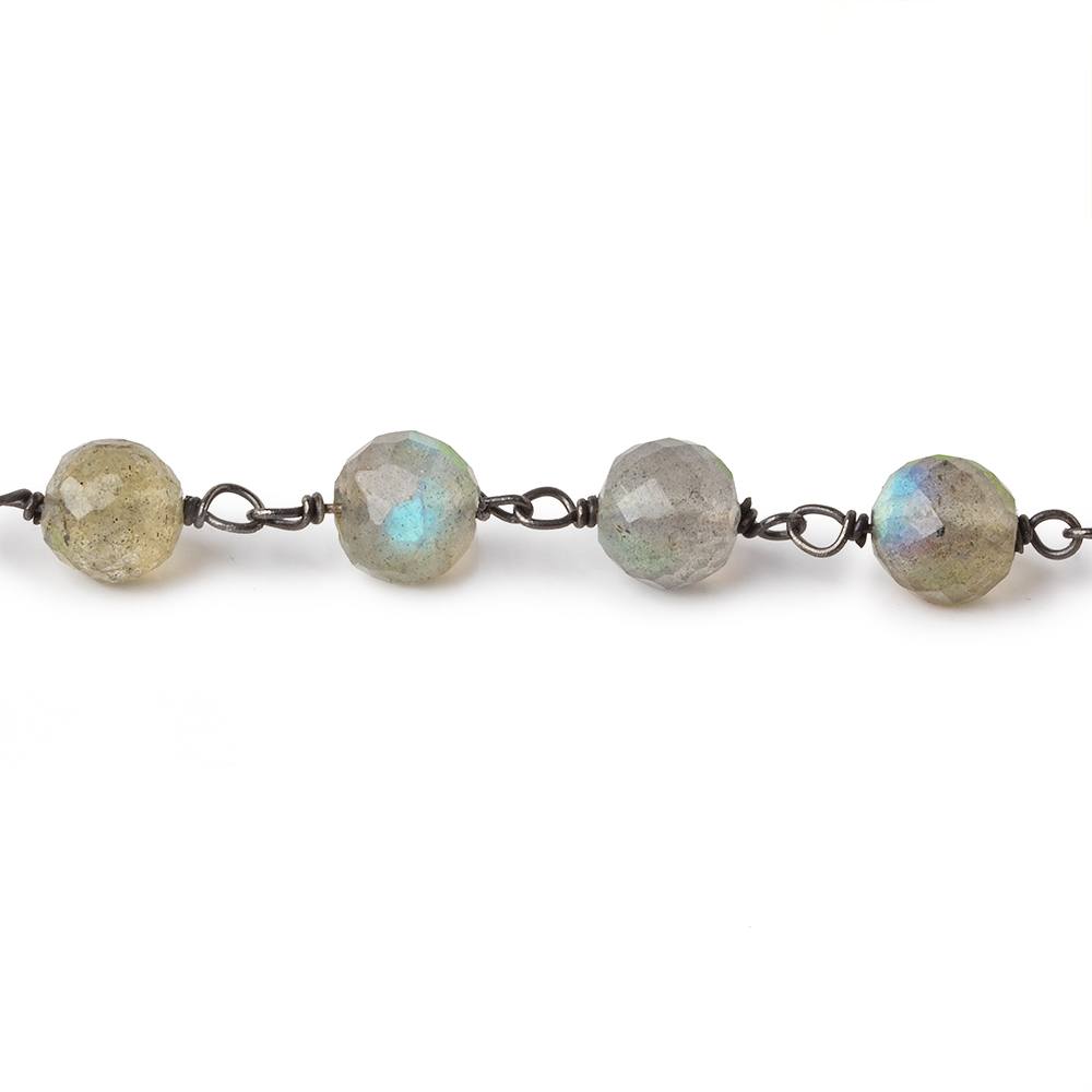 7mm Labradorite faceted round AAA Black Gold plated Silver Chain by the foot 23 beads per