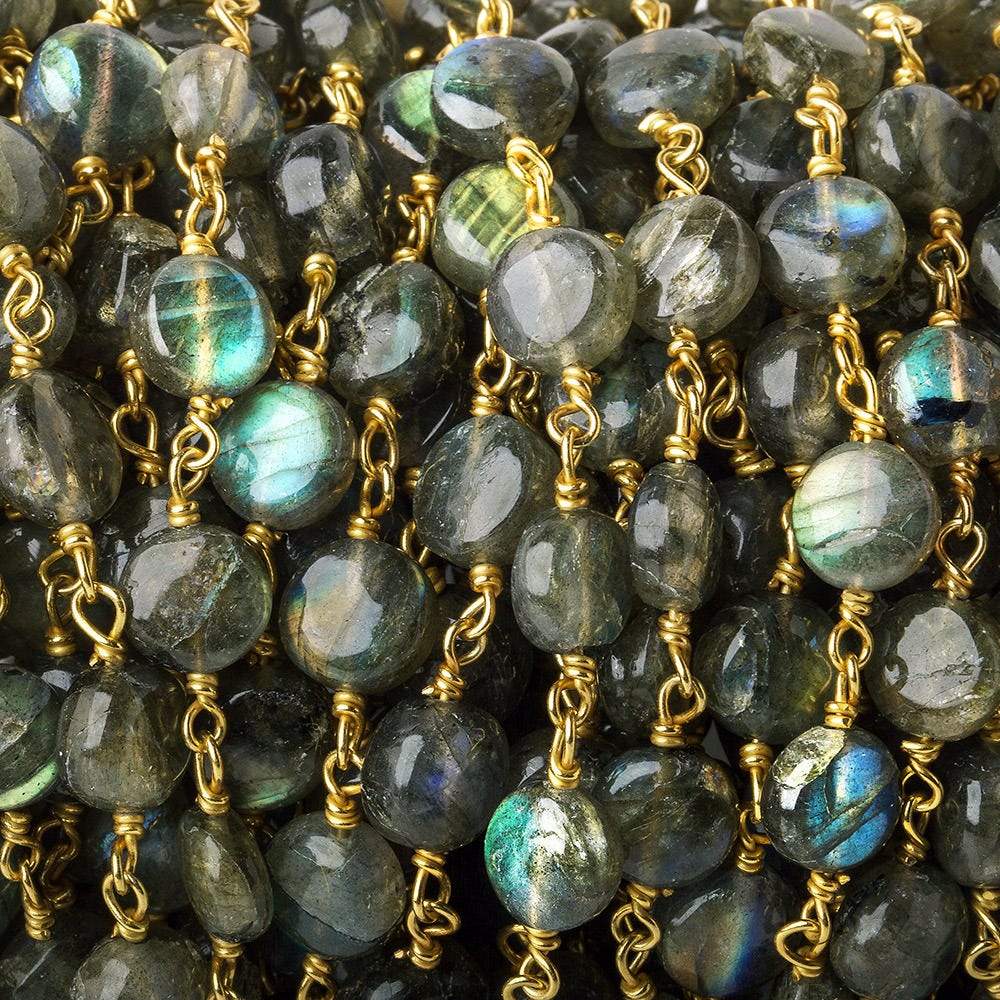 7mm Labradorite plain coin Vermeil Chain by the foot