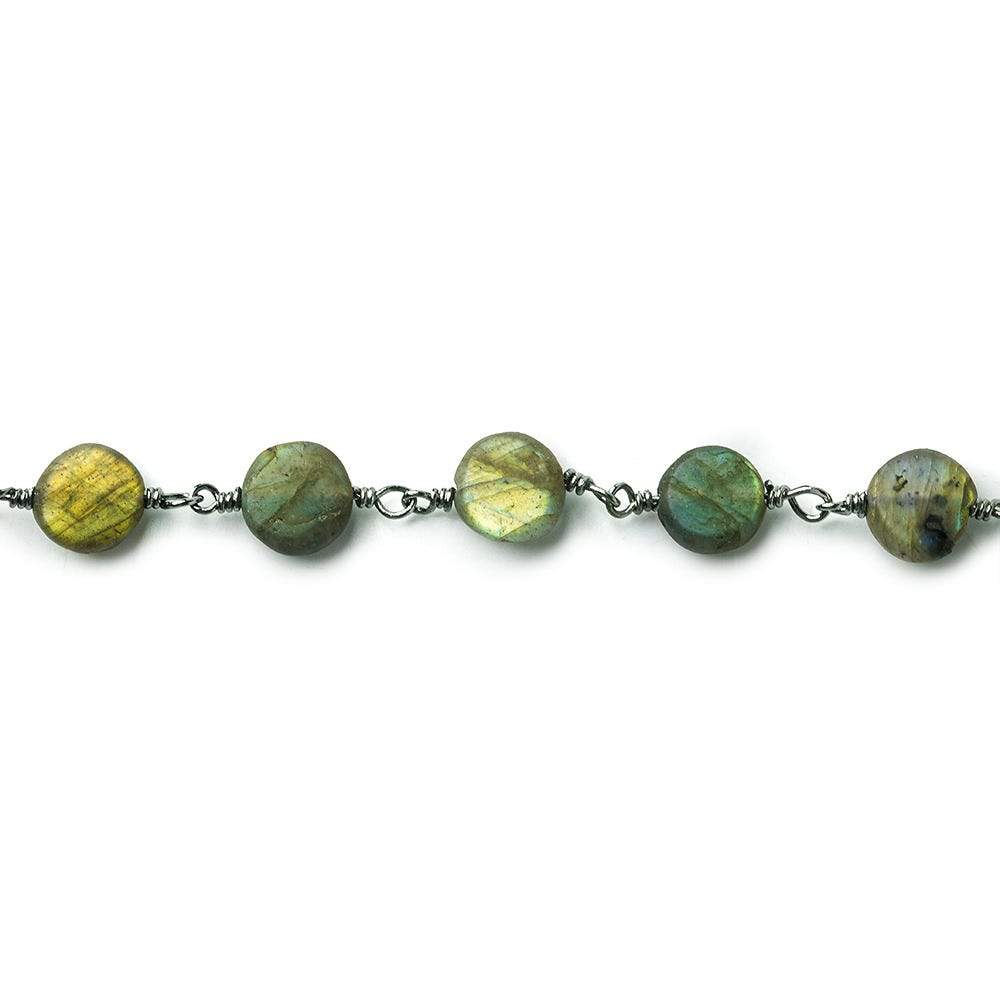 7mm Matte Labradorite plain coin Black Gold plated Chain by the foot 26 beads per