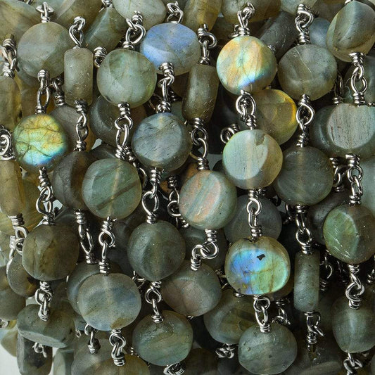 7mm Matte Labradorite plain coin Black Gold plated Chain by the foot 26 beads per