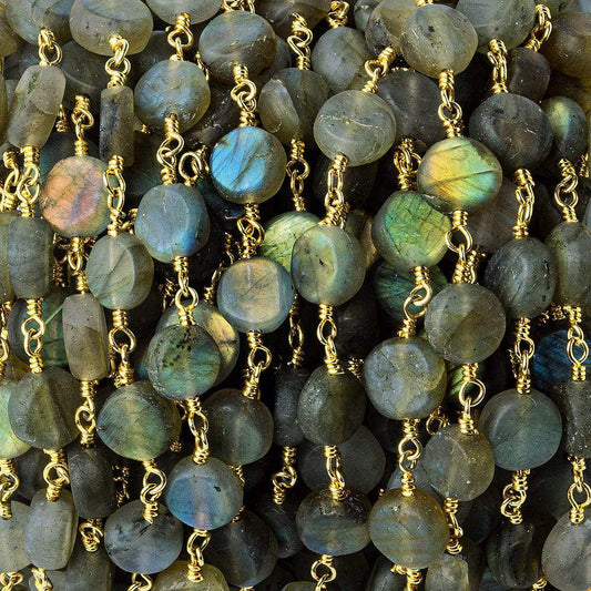 7mm Matte Labradorite plain coin Gold plated Chain by the foot 26 beads per