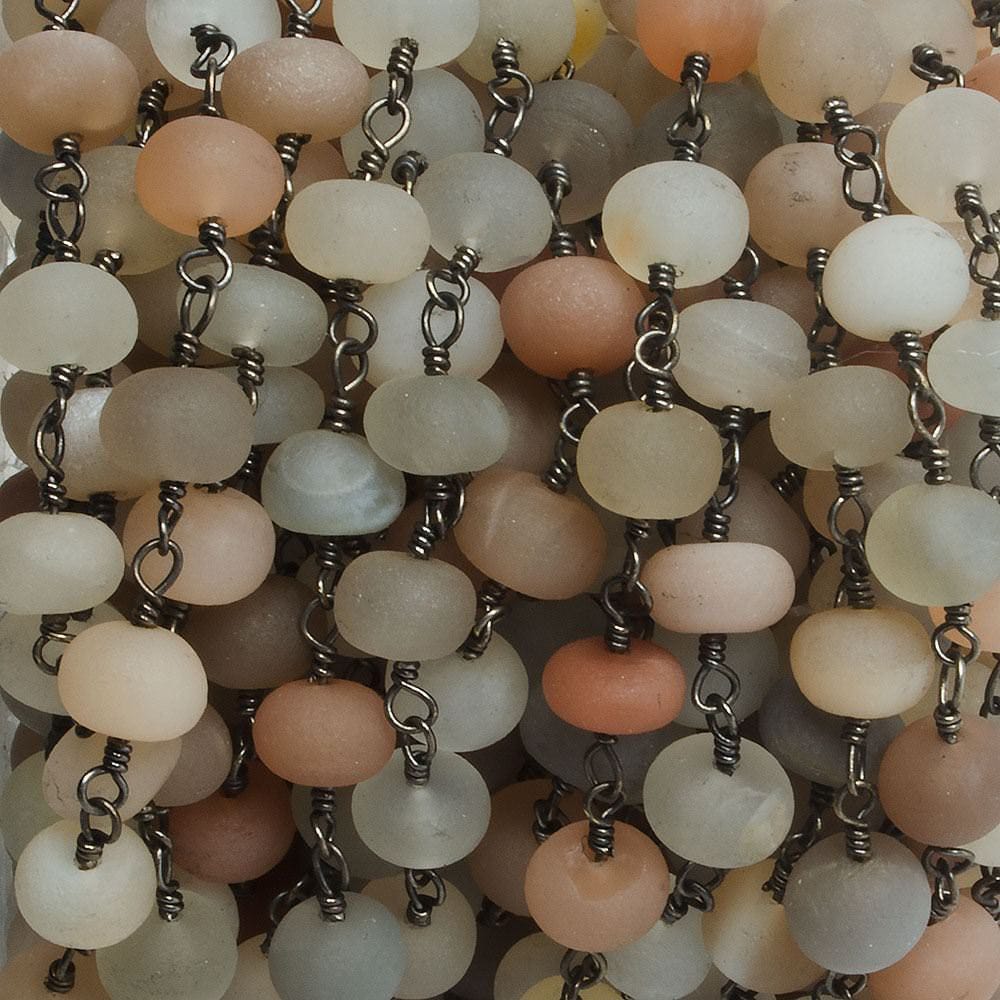 7mm Matte Multi Color Moonstone rondelle Black Gold plated Chain by the foot with approximately 25 pieces