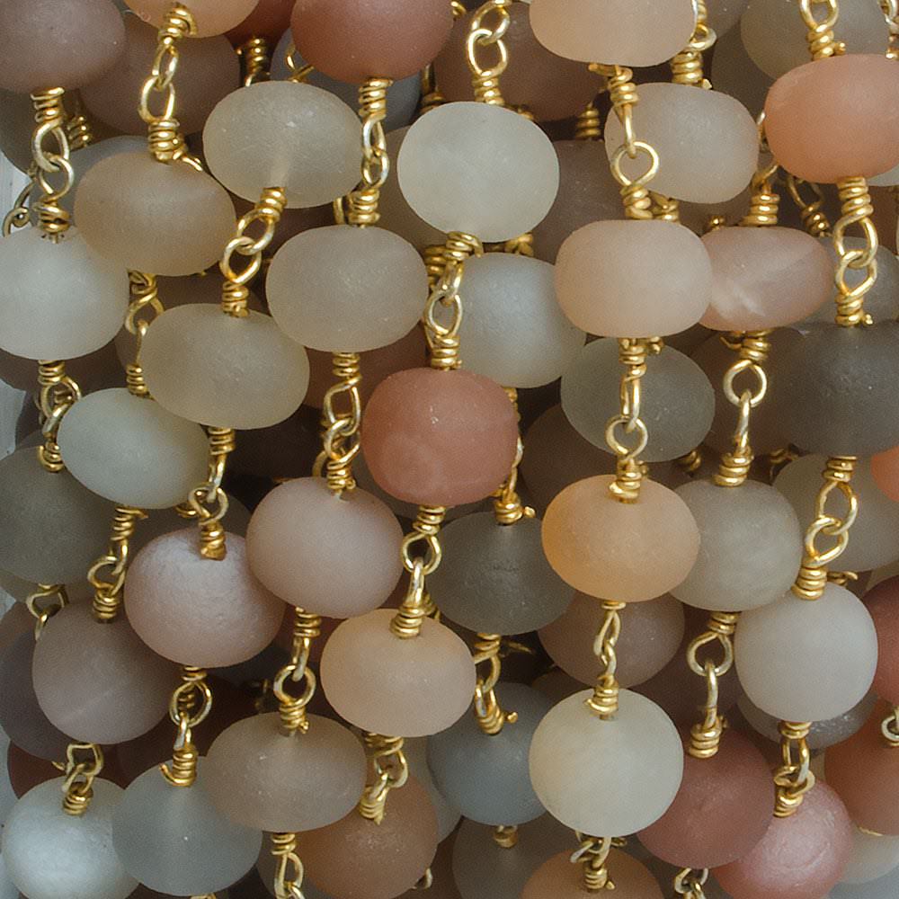 7mm Matte Multi Color Moonstone rondelle Gold plated Chain by the foot with approximately 25 pieces