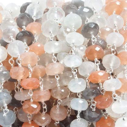 7mm Multi Moonstone faceted rondelle .925 Silver Chain 30 beads